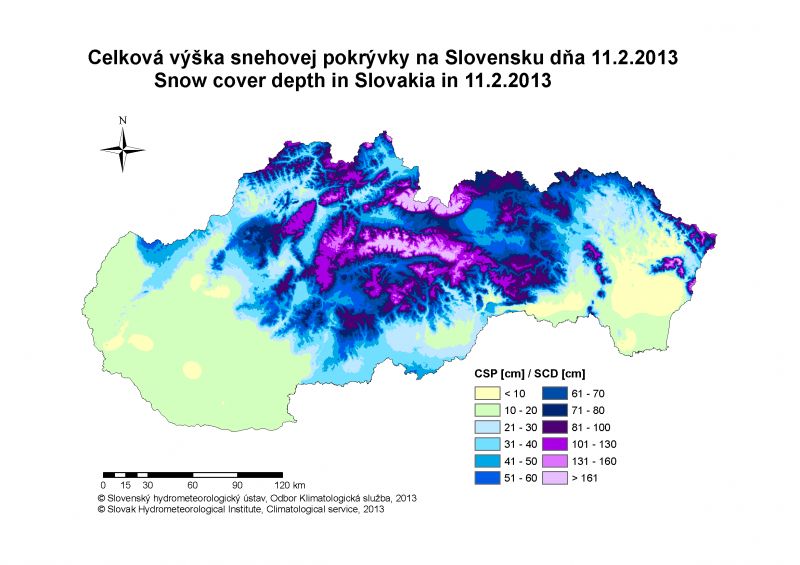 Výška snehovej pokrývky v cm na Slovensku 11.II.2013