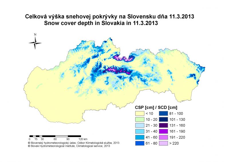 Výška snehovej pokrývky na Slovensku v cm, 11.III.2013