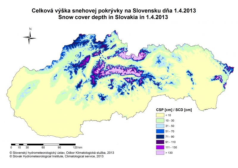 Výška snehovej pokrývky na Slovensku v cm 1.IV.2013