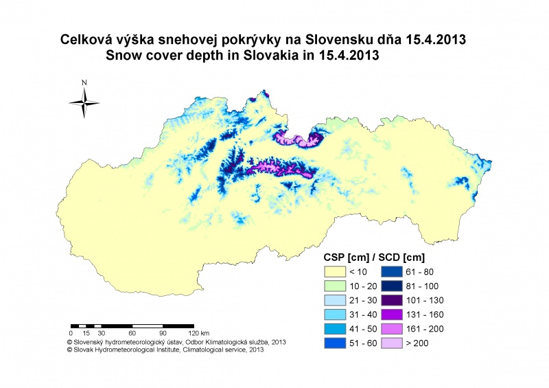 Výška snehovej pokrývky na Slovensku 15.IV.2013 v cm