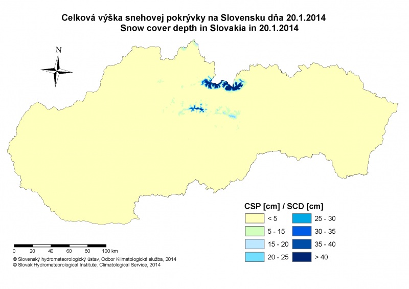 Výška snehovej pokrývky na Slovensku, 20.I.2014