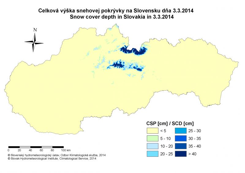 Výška snehovej pokrývky na Slovensku 3.III.2014 v cm