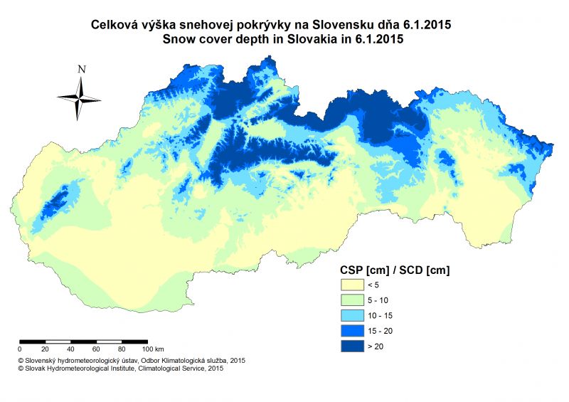 Výška snehovej pokrývky na Slovensku 6.I.2015 v cm