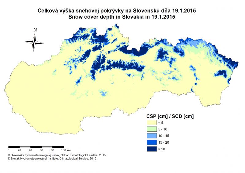 Výška snehovej pokrývky na Slovensku 19.I.2015 v cm