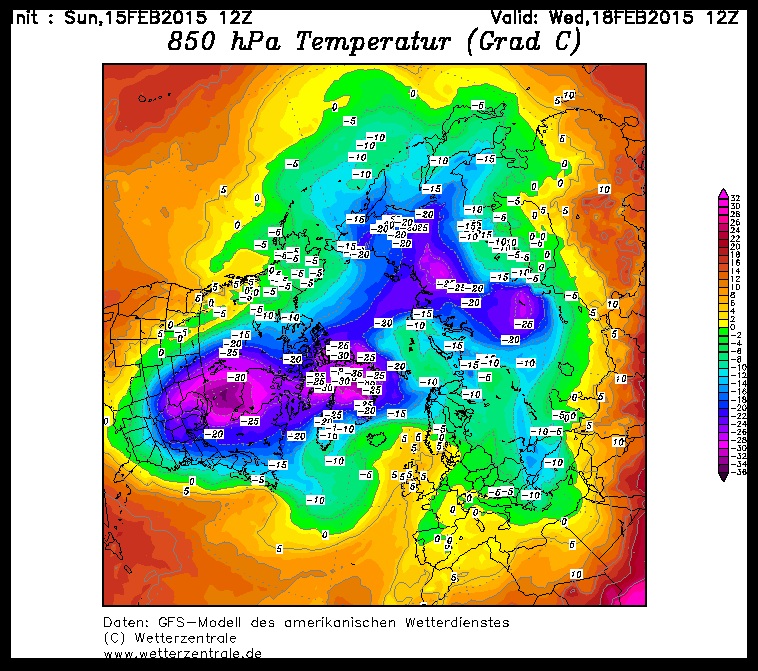 Predpoveď teploty vzduchu vo výške okolo 1350 m na 18.II., severný pól je v strede