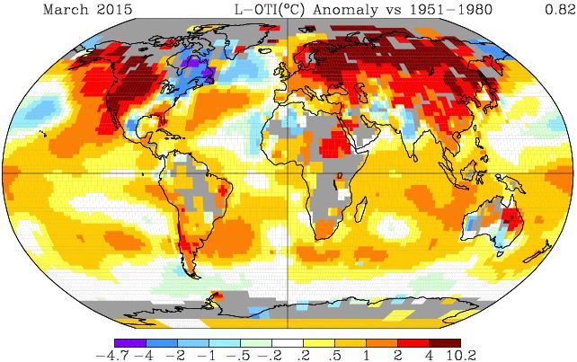 Odchýlky priemerov teploty vzduchu od 1951-1980, Marec 2015