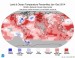 Rekodne teplé (sýtočervené) a rekordne studené (sýtomodré) oblasti v roku 2014 od roku 1880 